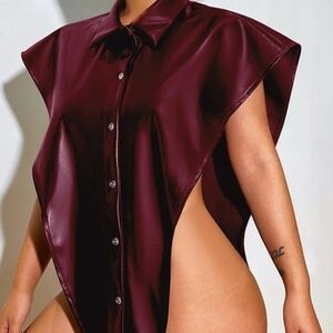 Fashion Nova Burgundy Faux Leather Bodysuit